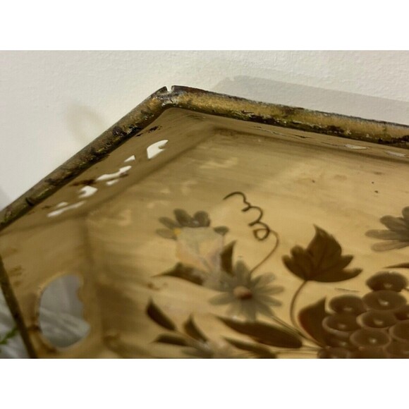 Vintage Tole Ware Tray Tan Gold Hand Painted Metal Cottagecore MCM 18” - Picture 5 of 10